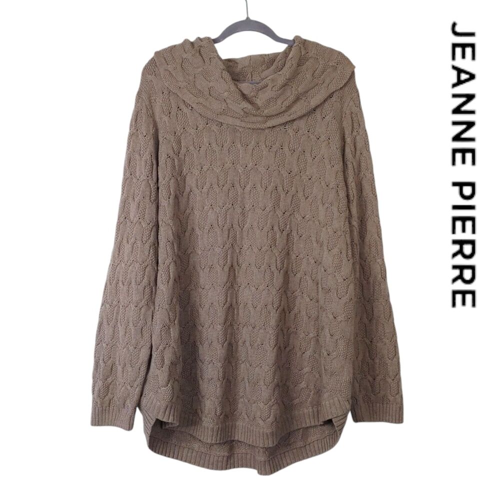 Jeanne Pierre Taupe Heather Cable Knit Cowl Neck Pullover Sweater Size 3X